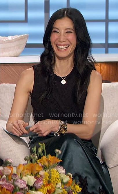 Lisa Ling’s black and green lace trim dress on The Talk