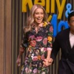 Kelly’s black floral midi dress on Live with Kelly and Ryan