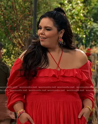 Lou’s red smocked midi dress on Bunkd