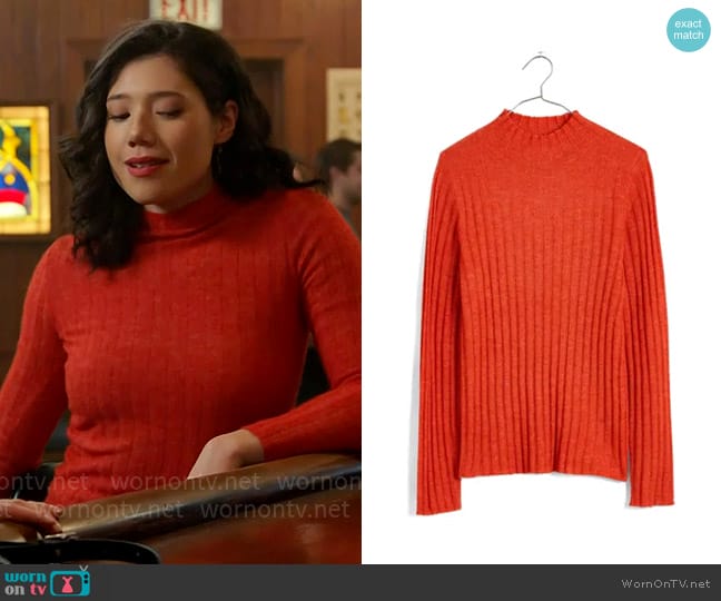 Madewell Alpaca Blend Mock Neck Sweater in Wild Poppy worn by Violet Mikami (Hanako Greensmith) on Chicago Fire