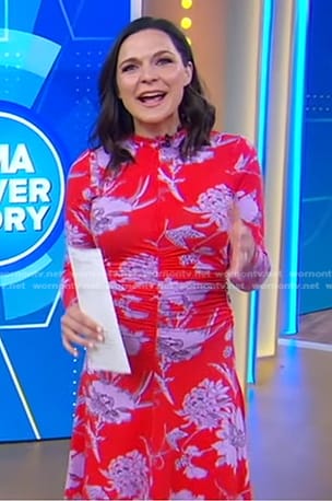 Maggie Rulli’s red floral dress and studded pumps on Good Morning America