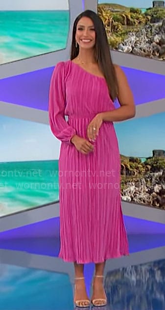 Manuela’s pink one-shoulder midi dress on The Price is Right