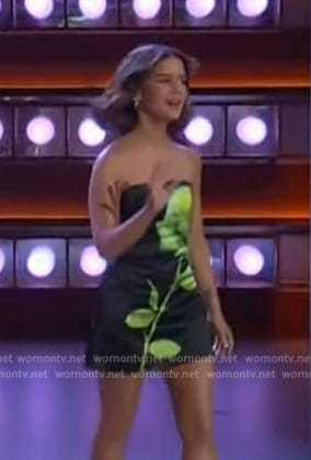 Maren Morris’s black floral print strapless mini dress on The Kelly Clarkson Show