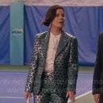Margaret’s green printed jacquard suit on So Help Me Todd