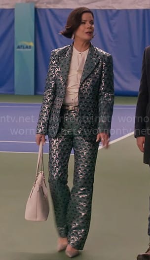 Margaret’s green printed jacquard suit on So Help Me Todd