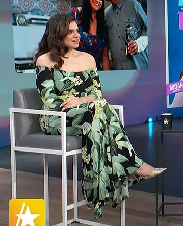 Mayan Lopez’s green floral print off shoulder dress on Access Hollywood