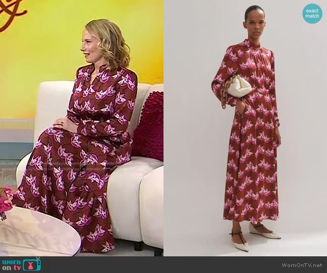 Me + Em Waterlily Print Maxi Dress + Belt in Pecan/Pink/Light Cream worn by Amy Ryan on Today