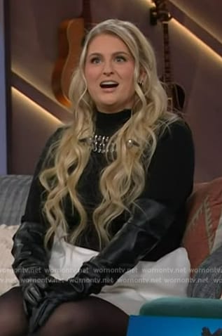 Meghan Trainor’s black embellished short sleeve sweater on The Kelly Clarkson Show