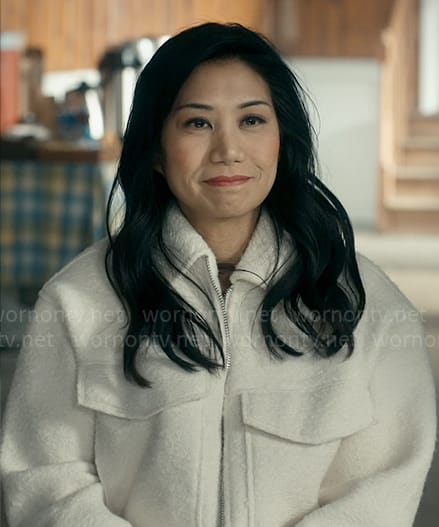 Mel’s off white textured jacket on The Equalizer