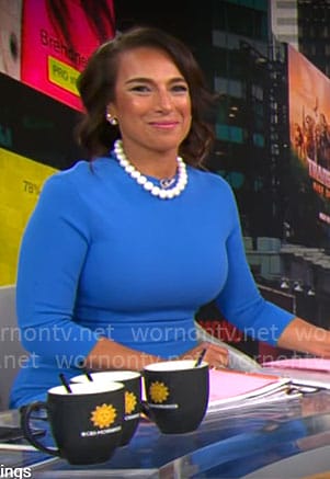 Michelle Miller’s blue flared hem dress on CBS Mornings