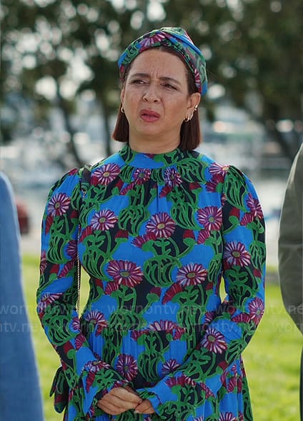 Molly’s blue floral maxi dress and headband on Loot