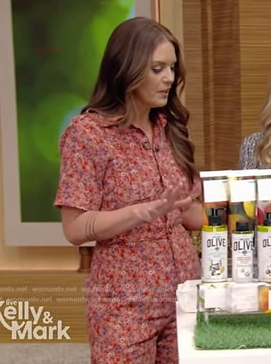 Monica’s pink floral print overalls on Live with Kelly and Mark