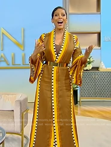 Tamron’s brown printed robe on Tamron Hall Show