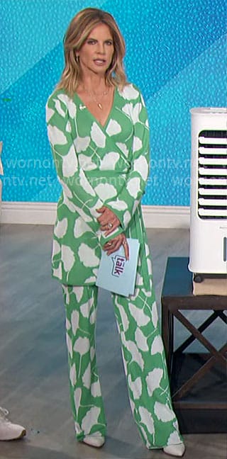 Natalie’s green and white printed wrap tunic top and pants set on The Talk