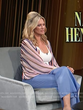 Natasha Henstridge’s pink stripe blouse on Access Hollywood