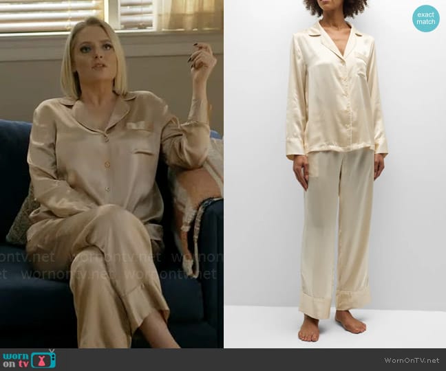 Neiman Marcus Long Silk Charmeuse Pajama Set in Chalk worn by Lexi (Lauren Ash) on Not Dead Yet