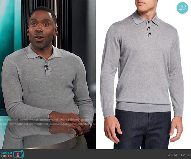 Neiman Marcus Cashmere/Silk Long-Sleeve Polo Sweater worn by Justin Sylvester on E! News
