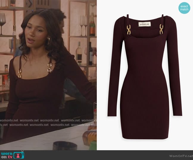 Nicholas Eydis layered chain-embellished ribbed-knit mini dress worn by Layla Keating (Greta Onieogou) on All American