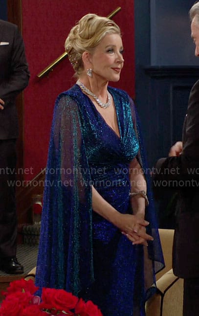 Nikki’s metallic blue cape dress on The Young and the Restless