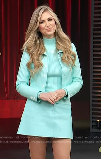 Nikki Novak’s turquoise leather jacket and skirt on Access Hollywood