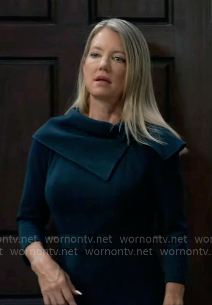 Nina’s dark green dress with foldover neckline on General Hospital