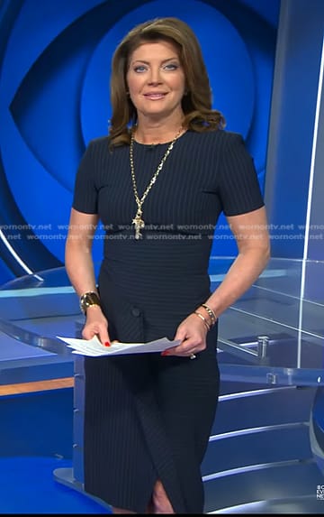 Norah’s navy pinstripe dress on CBS Evening News