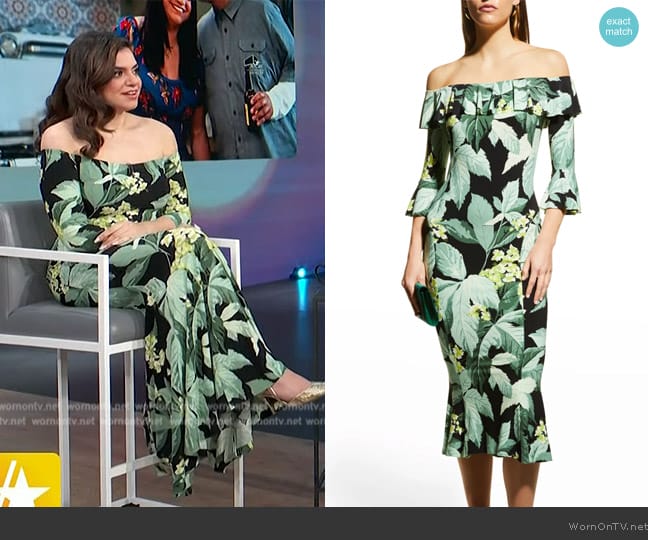 Norma Kamali Off-Shoulder Ruffle Midi Fishtail Dress worn by Mayan Lopez on Access Hollywood