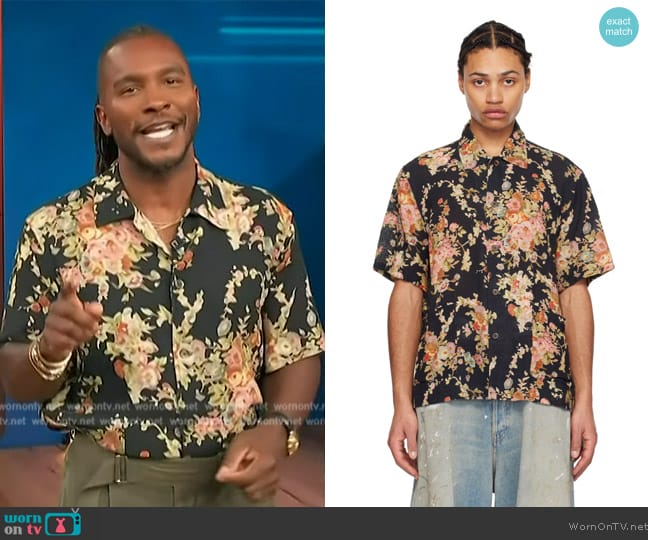 Our Legacy Elder floral-print cotton shirt worn by Scott Evans on Access Hollywood