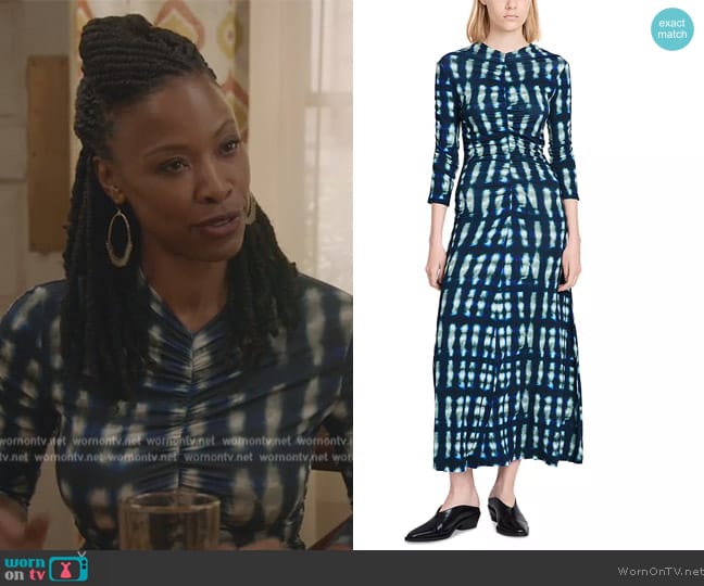 Proenza Schouler White Label Natalee Tie-Dye Ruched A-Line Midi Dress worn by Grace James (Karimah Westbrook) on All American