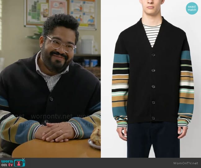 PS Paul Smith Stripe Print Cardigan worn by Dennis (Josh Banday) on Not Dead Yet