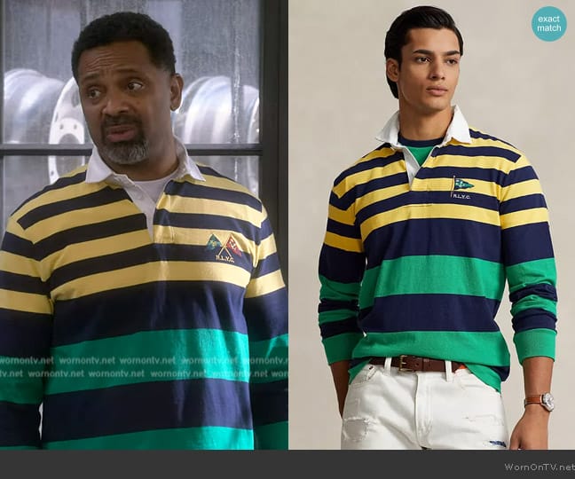 Ralph Lauren Classic-Fit Striped Jersey Rugby Shirt worn by Bernard Upshaw (Mike Epps) on The Upshaws
