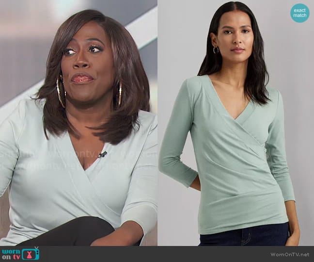 LAUREN Ralph Lauren Ruched Surplice Jersey Top in Soft Laurel worn by Sheryl Underwood on The Talk