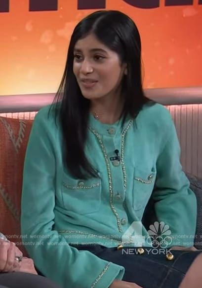 Ranai’s blue embellished cardigan on The Kelly Clarkson Show
