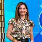 Rebecca’s floral ruffle top and black leather skirt on Good Morning America
