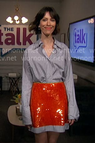 Rebecca Hall’s blue striped and red sequin dress on The Talk