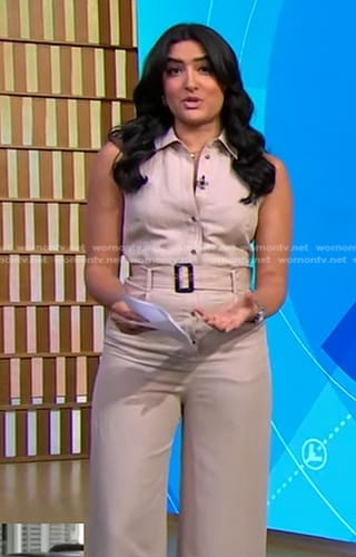 Reena’s beige sleeveless belted jumpsuit on Good Morning America