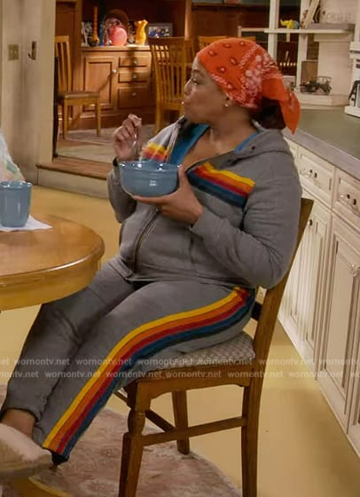 Regina’s gray rainbow stripe jacket and sweatpants on The Upshaws
