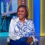 Robin’s white leaf print blouse and blue skirt on Good Morning America