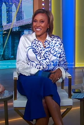 Robin’s white leaf print blouse and blue skirt on Good Morning America