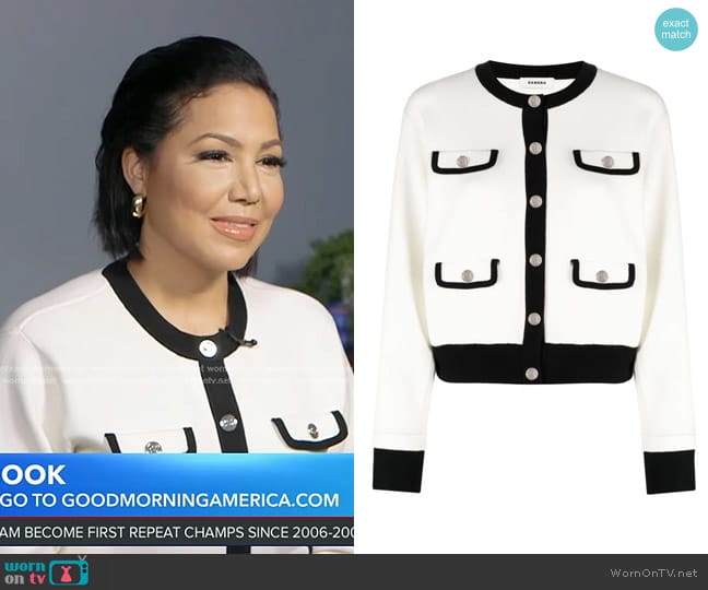 Sandro Murcie Flap Pocket Cardigan Sweater in ecru worn by Stephanie Ramos on Good Morning America