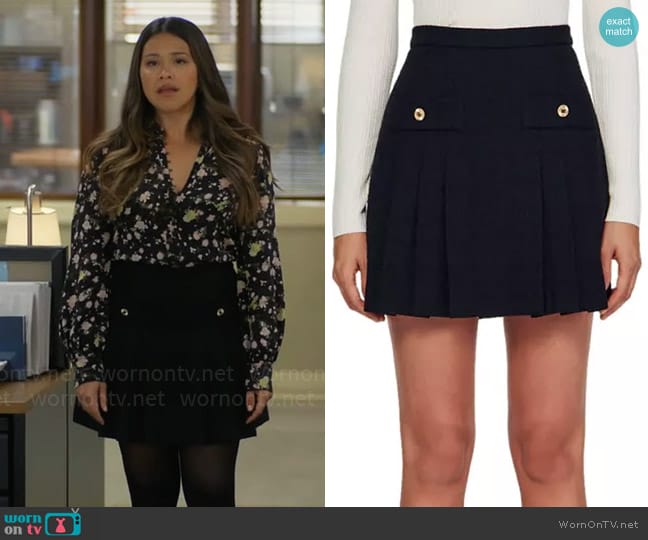 Sandro Katyna Tweed Pleated Skirt worn by Nell Serrano (Gina Rodriguez) on Not Dead Yet