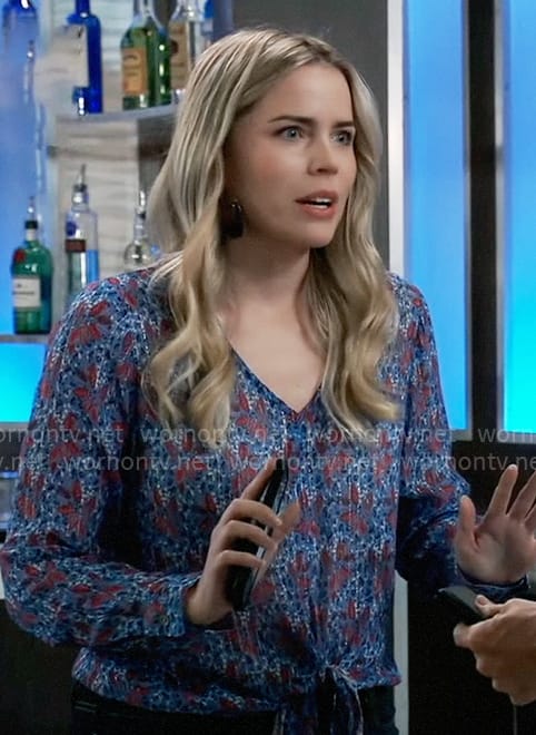 Sasha’s blue and red printed tie hem top on General Hospital