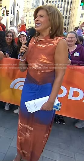 Hoda’s brown and blue print ruched dress on Today
