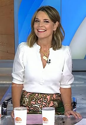 Savannah’s white puff sleeve top and floral skirt on Today