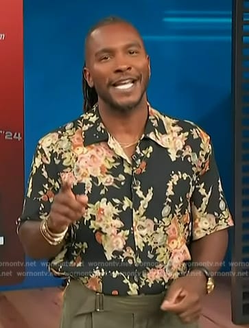 Scott’s black floral print shirt on Access Hollywood