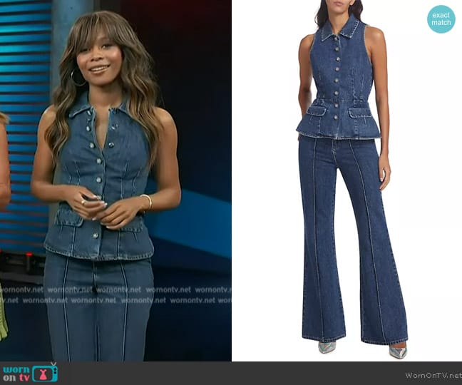Self Portrait Sleeveless Flared Denim Jumpsuit worn by Zuri Hall on Access Hollywood
