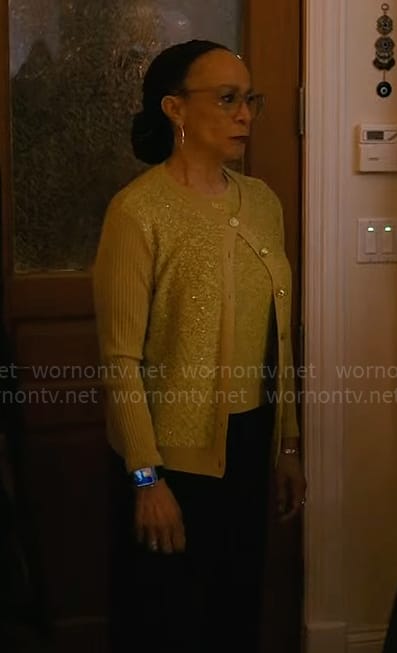 Sharon’s yellow sequin top and cardigan set on Chicago Med