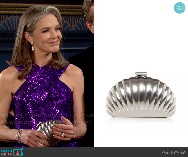 Simkhai Monet Metallic Shell Clutch worn by Diane Jenkins (Susan Walters) on The Young and the Restless