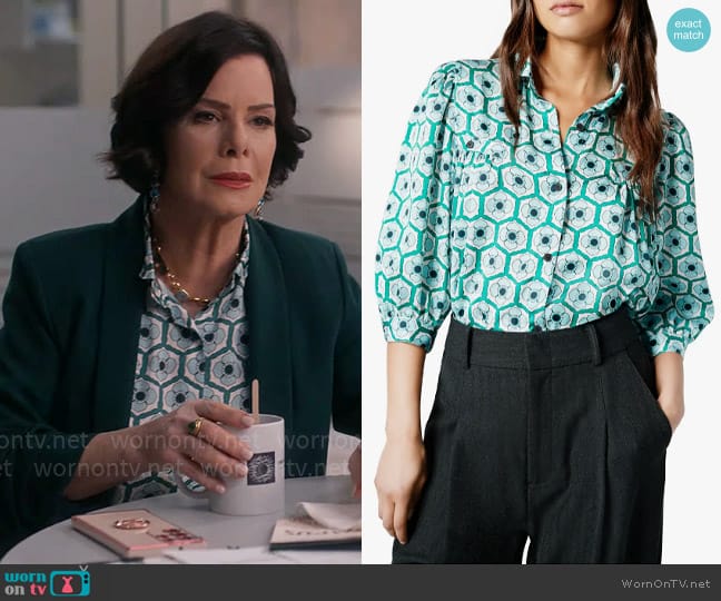 Smythe Gathered Puff Shoulder Shirt in Blue Green Floral worn by Margaret Wright (Marcia Gay Harden) on So Help Me Todd