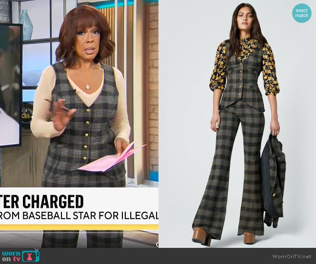 Smythe Waistcoat in Charcoal Mustard worn by Gayle King on CBS Mornings